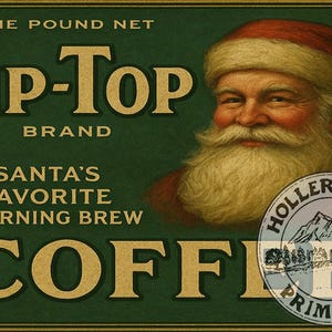 May include: Vintage coffee advertisement featuring Santa Claus. The green background displays the text "Tip-Top Brand" and "Santa's Favorite Morning Brew Coffee." Santa's portrait is on the right, and a circular logo is in the lower right corner.