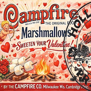 May include: Vintage-style Campfire Marshmallows packaging with a Valentine's Day theme. The design features a cherub, hearts, and a campfire scene. The package states "Finest Quality" and contains 5 lbs of marshmallows.