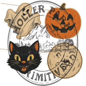 May include: A vintage Halloween design with a smiling ghost, jack-o'-lantern, black cat, and moon. The design is set within a circular stamp with the words "Holler Park Limited" and a mountain scene.