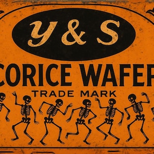May include: Vintage orange sign with the text "Y & S LICORICE WAFERS TRADE MARK" in black and cream. The sign features dancing skeleton figures. The overall design has a distressed, aged appearance.