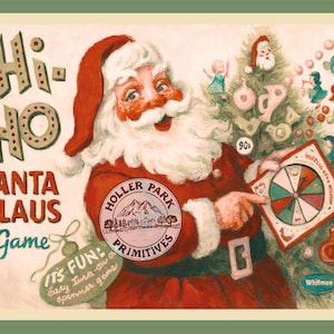 May include: Vintage Santa Claus game with a Christmas tree design. The game features Santa Claus pointing at a spinner with colorful sections. The game includes instructions and a warning label.