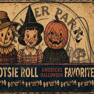 May include: A vintage-style triptych print featuring Halloween imagery. The panels display a scarecrow, a child in a witch hat, a pumpkin-headed figure, and a ghost. Text includes HOLLER PARK, TOOTSIE ROLL, and AMERICA'S HALLOWEEN FAVORITE.