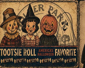 Etiquetas PDF de reproducción vintage para envoltorios de Tootsie Roll de Halloween y RND Top: CON instrucciones para caramelos falsos. Gráficos imprimibles (descarga digital).