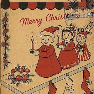 May include: A vintage Christmas illustration with the text "PACK-O-FUN" and "Merry Christmas." Depicts three children in red robes and Santa hats holding candles. Red stockings labelled "DAD," "MOM," and "PAT" hang below a table.