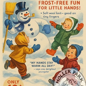 以下が含まれることがあります： スノーシュアミトンズのヴィンテージ広告。雪だるま、雪の中で遊ぶ子供たち、そして「Snow-Sure Mittens for Merry Winter Play！」と「Frost-Free Fun for Little Hands！」というテキストが特徴です。