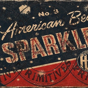 May include: Vintage box for American Beauty Sparklers. The box features a patriotic design with a woman holding a flag, and text that reads "American Sparklers" and "Halco Brand". The color scheme is red, white, and blue.