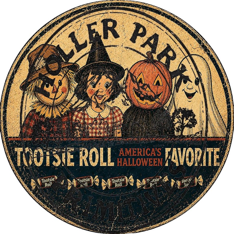 Puede incluir: Un letrero redondo de metal estilo vintage con un espantap&aacute;jaros, una bruja, una figura con cabeza de calabaza y un fantasma. El texto dice HOLLER PARK, TOOTSIE ROLL AMERICA'S HALLOWEEN FAVORITE y PRIMITIVES. Cinco caramelos aparecen ilustrados.