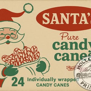 May include: Vintage-style box featuring Santa Claus holding a tray of candy canes. The box reads "SANTA'S Pure candy canes" with "24 Individually wrapped candy canes" below. A "Holler Park Primitives" stamp is on the right.
