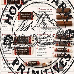 Puede incluir: Una gu&iacute;a de instrucciones titulada How to Use This Candy Wrapper Image as a Wrap-Around for Polymer Clay. El documento presenta pasos numerados, texto e im&aacute;genes que demuestran c&oacute;mo crear r&eacute;plicas en miniatura de Tootsie Roll Fudge Bar.