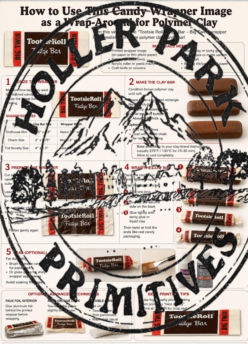 Puede incluir: Una gu&iacute;a de instrucciones titulada How to Use This Candy Wrapper Image as a Wrap-Around for Polymer Clay. El documento presenta pasos numerados, texto e im&aacute;genes que demuestran c&oacute;mo crear r&eacute;plicas en miniatura de Tootsie Roll Fudge Bar.