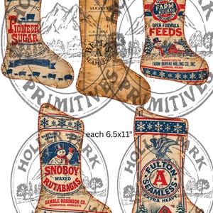 May include: Five fabric Christmas stockings featuring vintage-style agricultural feed sack graphics. Designs include Pioneer Sugar, Alfalfa, Farm Bureau Feeds, Snoboy Rutabagas, and Fulton Seamless. Each stocking measures 16.5 by 27.9 cm.