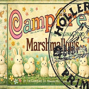 May include: Vintage-style label featuring the text "Finest Quality" and "Campfire Marshmallows." The label includes illustrations of bunnies, chicks, and butterflies. The net weight is 5 lbs. A stamp reads "Holler Park Primitives."