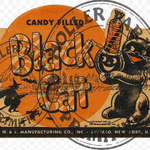 Archivos PDF de reproducción retro vintage de gatos negros inspirados en dulces de Halloween para descargar digitalmente
