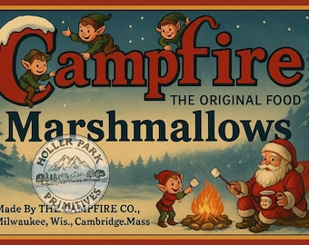 May include: Vintage-style Campfire Marshmallows advertisement. The image features elves, Santa Claus, and a campfire. The text reads "Campfire, The Original Food, Marshmallows." The design includes a snowy "C" and a Holler Park logo.