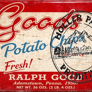 May include: Vintage potato chips tin with a red and white design. The tin features the words "Good Potato Chips Fresh!" in red and blue script. A circular stamp reads "Holler Park Primitives". The tin is from Adamstown, Penna, 1950, and weighs 36 oz.