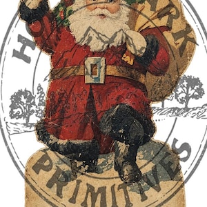 May include: A vintage-style paper cutout of Santa Claus wearing a red coat with black fur trim, a black hat, and a belt with a gold buckle. Santa is waving one hand and carrying a large tan sack over one shoulder, set against a light background.