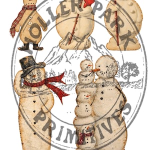 May include: Five decorative snowman figures with a distressed, off-white finish. The snowmen feature various accessories including black hats, red scarves, and wooden sticks. One figure shows a stack of four small snowmen beside a larger one.