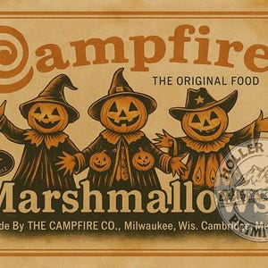 May include: Vintage-style advertisement for Campfire Marshmallows. The image features three smiling jack-o'-lantern figures wearing hats and coats. The text reads "Campfire Marshmallows" and "The Original Food" with a Holler Park stamp.