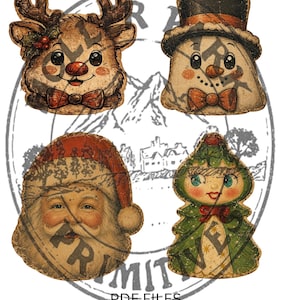May include: Four vintage-style Christmas character cutouts featuring a reindeer with a red nose and bow tie, a snowman wearing a top hat, a bearded Santa Claus in a red hat, and a stylized green Christmas tree figure with a face and red bow.