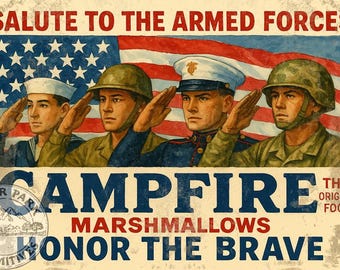 Vintage Campfire Marshmallow Salute to Armed Forces Label Replica: Printable Tin Label (Digital Download)