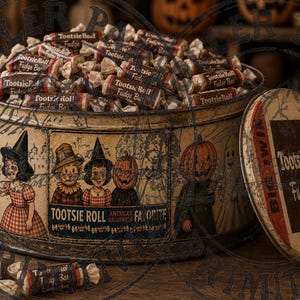 Puede incluir: Una lata de metal redonda de estilo vintage llena de caramelos Tootsie Roll Fudge Bar. La lata presenta ilustraciones de ni&ntilde;os con disfraces de Halloween, incluyendo una bruja y figuras con cabeza de calabaza, con el texto Tootsie Roll American Favorite.