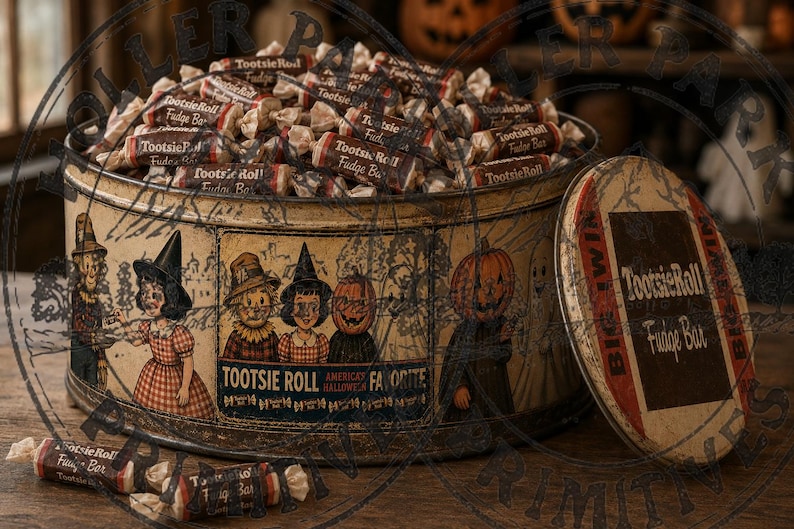 Puede incluir: Una lata de metal redonda de estilo vintage llena de caramelos Tootsie Roll Fudge Bar. La lata presenta ilustraciones de ni&ntilde;os con disfraces de Halloween, incluyendo una bruja y figuras con cabeza de calabaza, con el texto Tootsie Roll American Favorite.