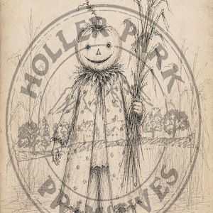 Puede incluir: Un dibujo a lápiz estilo carboncillo de una figura con cabeza de calabaza, que viste un abrigo largo de lunares y pantalones, sosteniendo un manojo de hierba alta. La imagen presenta una marca de agua circular con el texto HOLLER PARK PRIMITIVES.