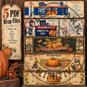 May include: A set of five rectangular vintage-style labels featuring pumpkin imagery and text including McCormick Pumpkin Pie Spice, Golden Pumpkin, and Everitt's Seed Store. The labels display recipes, seed varieties, and harvest illustrations.