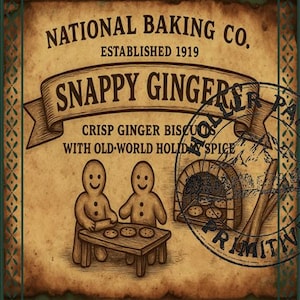 May include: A vintage-style label for "Snappy Gingers" gingerbread cookies. The label features illustrations of gingerbread men, ovens, and ingredients. Text includes "National Baking Co." and "Made in USA."