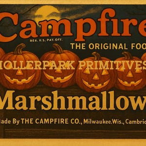 May include: Vintage Campfire Marshmallows advertisement. The image features six carved pumpkins with lit faces, the word "Campfire" in orange, and the text "Marshmallows". The ad includes the text "Made By THE CAMPFIRE CO., Milwaukee, Wis., Cambridge.Mass."