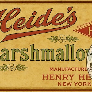 May include: Vintage-style advertisement for Heide's Marshmallows. The design features three panels with text in a classic font. The panels are in shades of yellow and brown, with the words "Very Delicious" and "Fine Marshmallows" prominently displayed. A circular logo is also present.