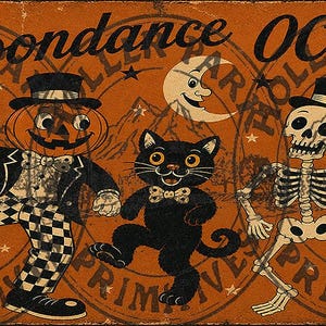 Könnte beinhalten: Ein rechteckiges orangefarbenes Schild mit dem Text Moondance OCT 31st. Die Illustration zeigt eine Figur mit Kürbiskopf im Smoking, eine schwarze Katze mit Fliege und ein Skelett, die alle Zylinder tragen, vor einer Berglandschaft.