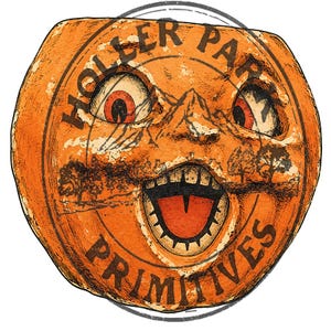 May include: A round orange pumpkin jack-o'-lantern illustration with a wide, open mouth, sharp teeth, and large eyes. The image features a circular stamp overlay with the text HOLLER PARTY PRIMITIVES and a small landscape scene with trees.
