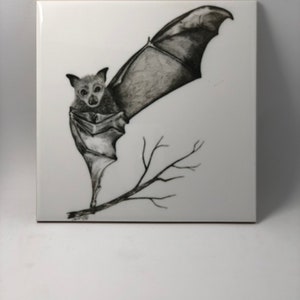 Puede incluir: Un dibujo en blanco y negro de un murci&eacute;lago con las alas extendidas, posado en una rama. El murci&eacute;lago est&aacute; dibujado con un estilo realista, con detalles precisos y una sensaci&oacute;n de movimiento.