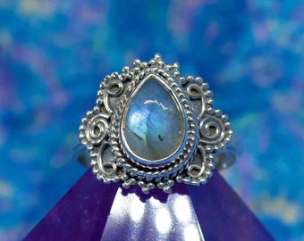 2.43ct Natural labradorite pear 925 Silver Ring US Size 8.5/UK Q
