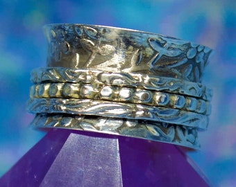 Bali Style Sterling Silver Spinner Ring with Tiny Flowers, US Size 4.5