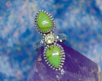 Handmade Peridot and Copper Turquoise Sterling Silver Ring, US Size 9