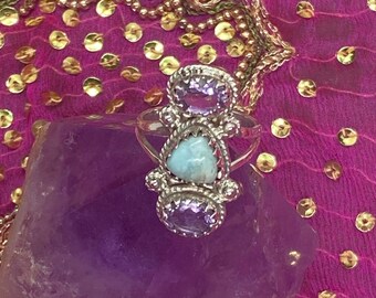 Amethyst and Larimar Indian design 925 Sterling Silver Ring 6.59 cts - US size 6