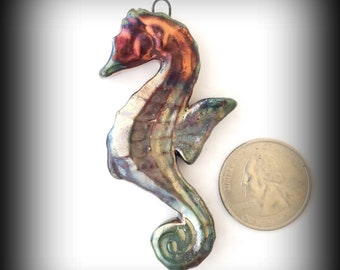 Pendant jewelry, raku pendant, ceramic jewelry, sea horse jewelry, natural jewelry, porcelain pendant, gold copper, gift for her gift artist