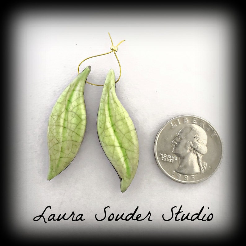 Jewelry Earrings, Raku Jewelry, Pod Earrings, Leaf Earrings, Ceramic Jewelry, Nature Earrings, Lime Crackle Glaze, Gift for Her, Art gift image 1