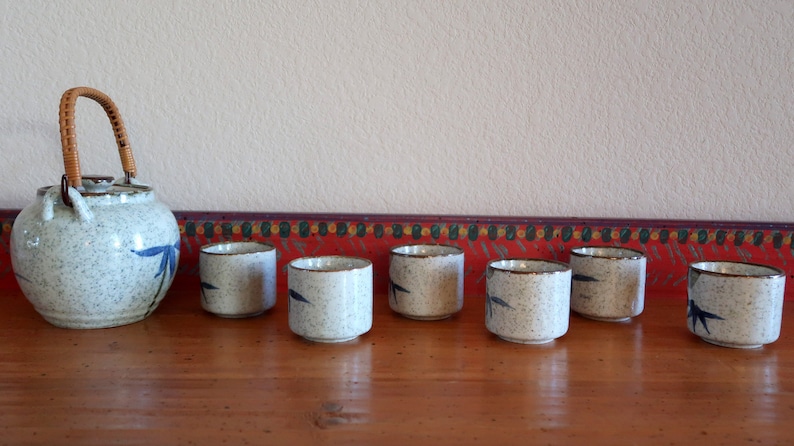 Vintage Hand Painted Asian TEA SET – Ceramic Pottery Teapot with Six Cups and Lid – Hand Painted Chinese tea set Wonderful Gift Set image 4