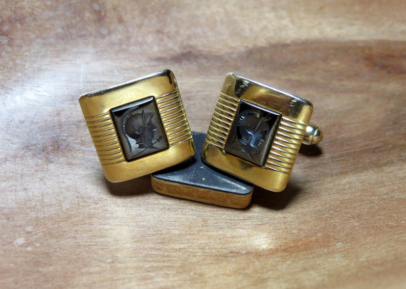 Vintage Signed Anson Intaglio Style Roman Spartan Trojan Cufflinks Cuff Links