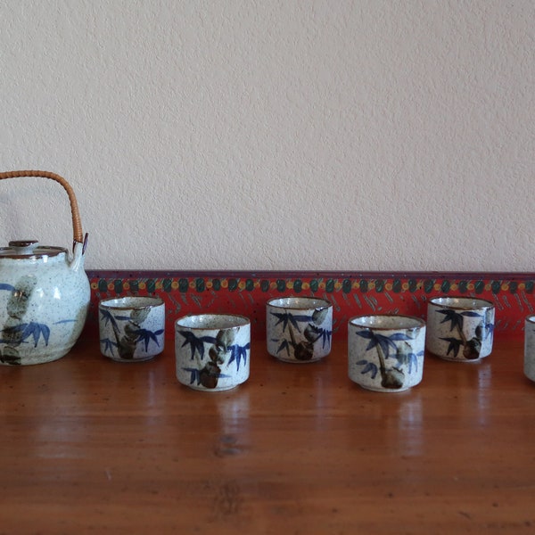 Vintage Hand Painted Asian TEA SET – Ceramic Pottery Teapot with Six Cups and Lid – Hand Painted Chinese tea set Wonderful Gift Set