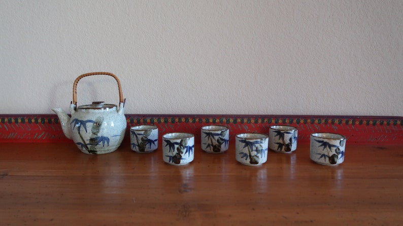 Vintage Hand Painted Asian TEA SET – Ceramic Pottery Teapot with Six Cups and Lid – Hand Painted Chinese tea set Wonderful Gift Set image 1