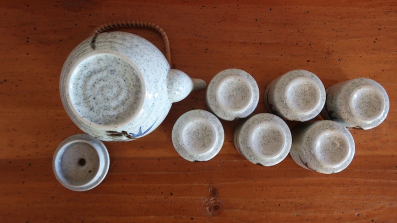 Vintage Hand Painted Asian TEA SET – Ceramic Pottery Teapot with Six Cups and Lid – Hand Painted Chinese tea set Wonderful Gift Set image 5