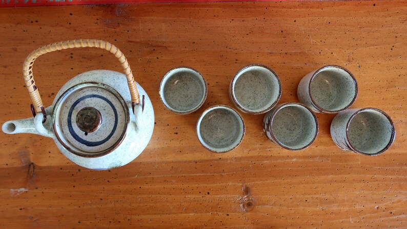 Vintage Hand Painted Asian TEA SET – Ceramic Pottery Teapot with Six Cups and Lid – Hand Painted Chinese tea set Wonderful Gift Set image 8