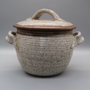 May include: A speckled ceramic casserole dish with a lid. The dish is off-white with brown speckles and a brown rim. It has two side handles and a handle on the lid. The dish is suitable for cooking and serving.