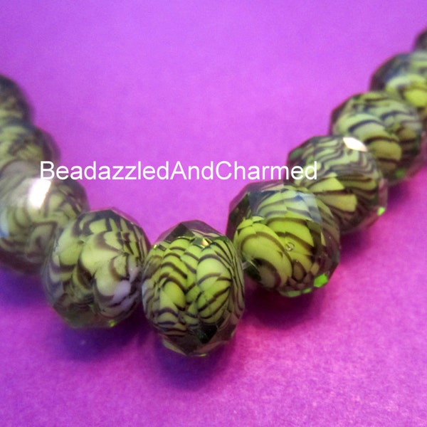 Faceted Crystal Swirl Abacus Rondelle Green Beads,  10 x 7mm,
