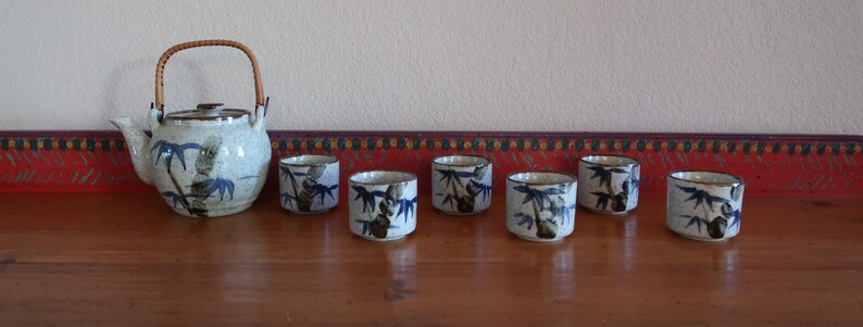 Vintage Hand Painted Asian TEA SET – Ceramic Pottery Teapot with Six Cups and Lid – Hand Painted Chinese tea set Wonderful Gift Set image 2