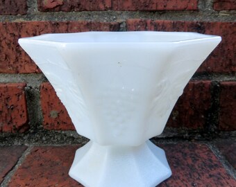 Vintage White Milk Glass Centerpiece Flared Vase, Harvest Grape Leaf Pattern, White Wedding, Shabby Chic, Signed Anchor Hocking